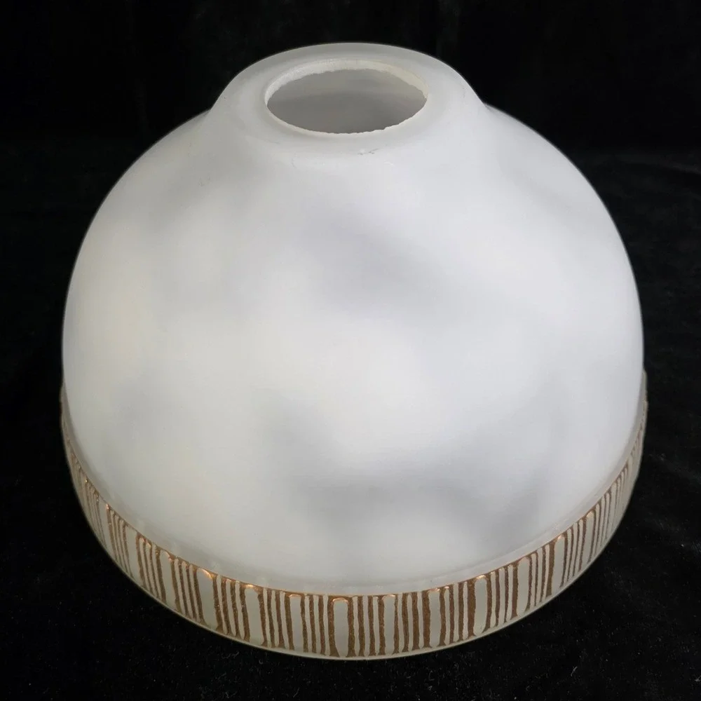 VTG MCM Pendant Frosted Dappled Glass Lamp Shade Gold Striped Band 1 5/8 Fitter